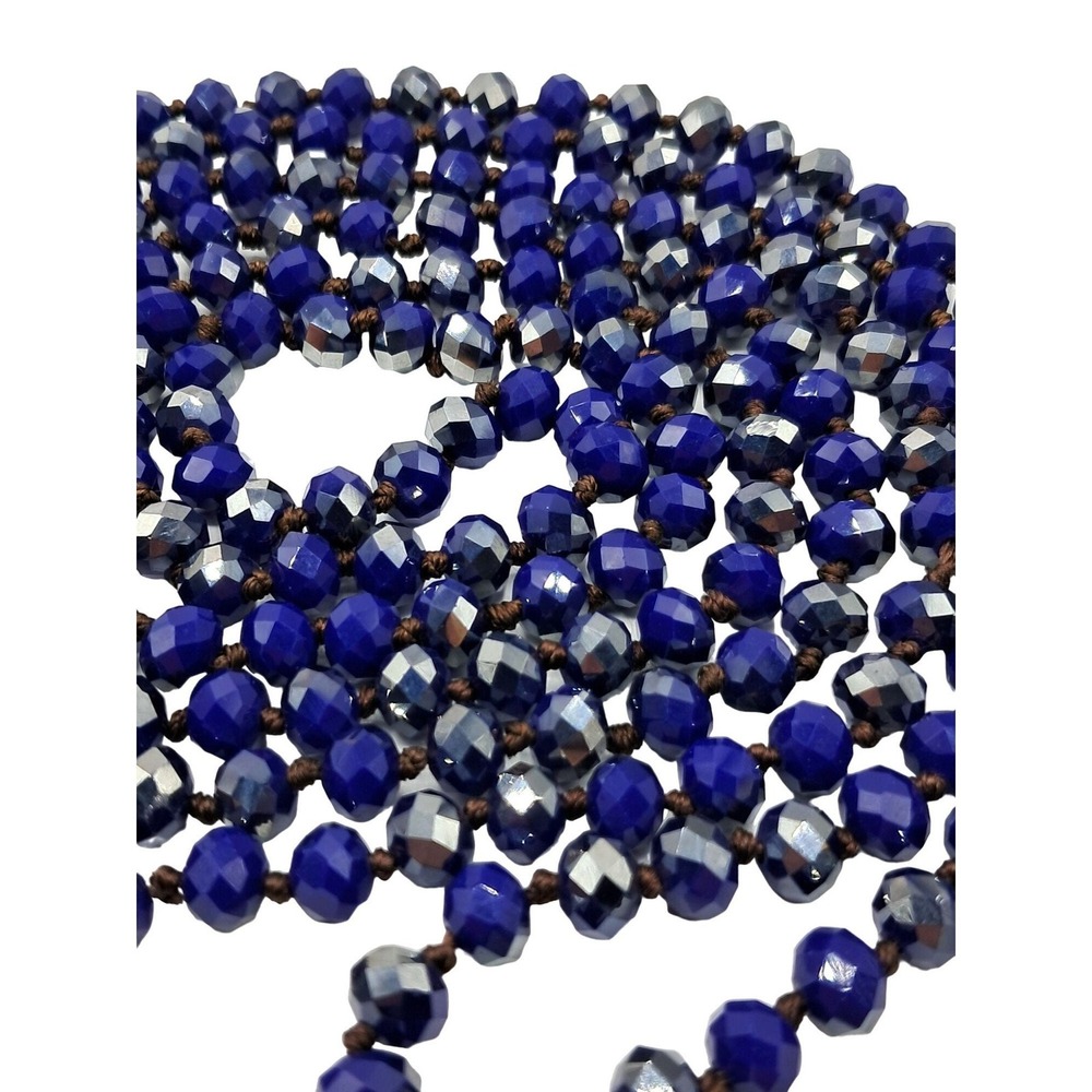 Vintage Glass Beaded Necklace Cobalt Royal Blue Silver Aurora Borealis Hand Knot